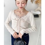 無地×ドットプリント×フロントレースギャザーリボン長袖トップス | moment+ | 詳細画像12 