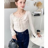 無地×ドットプリント×フロントレースギャザーリボン長袖トップス | moment+ | 詳細画像14 