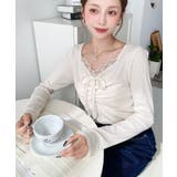 無地×ドットプリント×フロントレースギャザーリボン長袖トップス | moment+ | 詳細画像15 