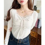 無地×ドットプリント×フロントレースギャザーリボン長袖トップス | moment+ | 詳細画像17 