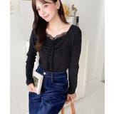 無地×ドットプリント×フロントレースギャザーリボン長袖トップス | moment+ | 詳細画像31 