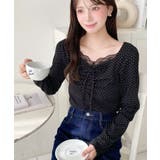 無地×ドットプリント×フロントレースギャザーリボン長袖トップス | moment+ | 詳細画像32 