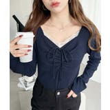 無地×ドットプリント×フロントレースギャザーリボン長袖トップス | moment+ | 詳細画像42 