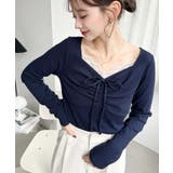 無地×ドットプリント×フロントレースギャザーリボン長袖トップス | moment+ | 詳細画像44 