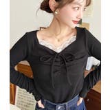 ブラック | 無地×ドットプリント×フロントレースギャザーリボン長袖トップス | moment+