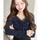ネイビー系 | 無地×ドットプリント×フロントレースギャザーリボン長袖トップス | moment+