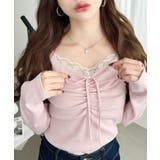 ピンク | 無地×ドットプリント×フロントレースギャザーリボン長袖トップス | moment+