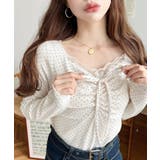 ホワイト系その他 | 無地×ドットプリント×フロントレースギャザーリボン長袖トップス | moment+