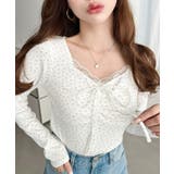 ホワイト系2 | 無地×ドットプリント×フロントレースギャザーリボン長袖トップス | moment+