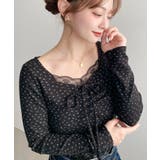 ブラック系2 | 無地×ドットプリント×フロントレースギャザーリボン長袖トップス | moment+