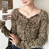 レオパードプリントフロントレースギャザーリボン長袖トップス | moment+ | 詳細画像1 