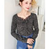 レオパードプリントフロントレースギャザーリボン長袖トップス | moment+ | 詳細画像2 