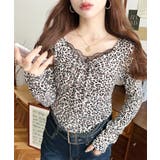 レオパードプリントフロントレースギャザーリボン長袖トップス | moment+ | 詳細画像22 