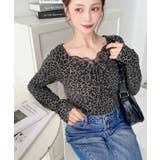 レオパードプリントフロントレースギャザーリボン長袖トップス | moment+ | 詳細画像4 