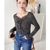 レオパードプリントフロントレースギャザーリボン長袖トップス | moment+ | 詳細画像5 