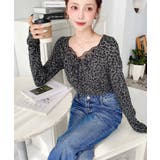 レオパードプリントフロントレースギャザーリボン長袖トップス | moment+ | 詳細画像6 