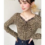 ブラウン | レオパードプリントフロントレースギャザーリボン長袖トップス | moment+