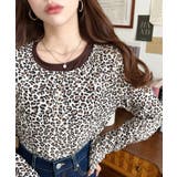 ベージュ | レオパードプリントレイヤード風ヘンリーロンT | moment+