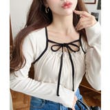 レイヤードデザインデコルテリボン長袖リブカットソートップス | moment+ | 詳細画像3 