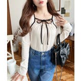 レイヤードデザインデコルテリボン長袖リブカットソートップス | moment+ | 詳細画像4 