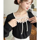 ブラック | レイヤードデザインデコルテリボン長袖リブカットソートップス | moment+