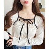 アイボリー | レイヤードデザインデコルテリボン長袖リブカットソートップス | moment+