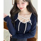 ネイビー | レイヤードデザインデコルテリボン長袖リブカットソートップス | moment+