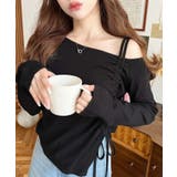 ブラック | ワンショルドロストリボン長袖リブカットソートップス | moment+