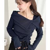 ネイビー | アシメカラードロスト長袖リブカットソートップス | moment+