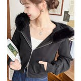 ブラック | ファーフードダブルジップショートパーカー | moment+