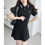 ブラック | U.S.POLO ASSN.ワンポイント刺繍配色ライン半袖リブポロシャツワンピ | moment+