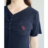 U.S.POLO ASSN.ワンポイント刺繍ギャザーヘンリーVネック半袖ワンピ | moment+ | 詳細画像32 