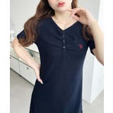 ネイビー | U.S.POLO ASSN.ワンポイント刺繍ギャザーヘンリーVネック半袖ワンピ | moment+