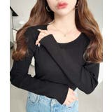 ブラック | デコルテクルーネック長袖リブトップス | moment+