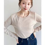 グレイッシュベージュ | デコルテクルーネック長袖リブトップス | moment+