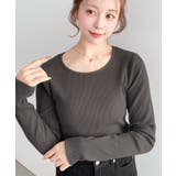 チャコールグレー | デコルテクルーネック長袖リブトップス | moment+