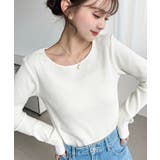 アイボリー | デコルテクルーネック長袖リブトップス | moment+