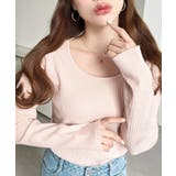 ピンク | デコルテクルーネック長袖リブトップス | moment+