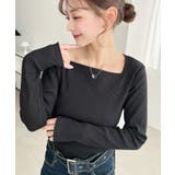 ブラック | デコルテスクエアネック長袖リブトップス | moment+