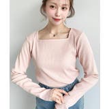 ピンク | デコルテスクエアネック長袖リブトップス | moment+