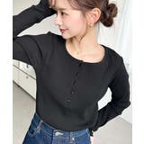 ブラック | デコルテヘンリーネック長袖リブトップス | moment+