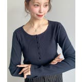 ネイビー | デコルテヘンリーネック長袖リブトップス | moment+