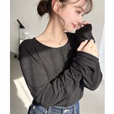 ブラック | クルーネック袖ギャザー長袖シアークレープトップス | moment+