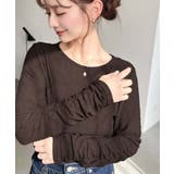 ブラウン | クルーネック袖ギャザー長袖シアークレープトップス | moment+