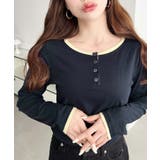 ネイビー | 配色レイヤードライクヘンリーネックシアーロンT | moment+