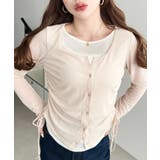 ライトベージュ | 配色レイヤードカーデ風ドロストリボンシアープルオーバー | moment+