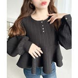 ブラック | ブロックジャガードヘンリーネック長袖ペプラムブラウス | moment+