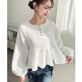 オフホワイト | ブロックジャガードヘンリーネック長袖ペプラムブラウス | moment+