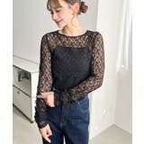 クルーネック袖ギャザー長袖ストレッチレーストップス | moment+ | 詳細画像16 