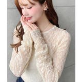 クルーネック袖ギャザー長袖ストレッチレーストップス | moment+ | 詳細画像18 